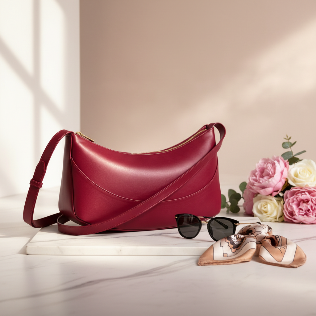 Red handbag on a beige background