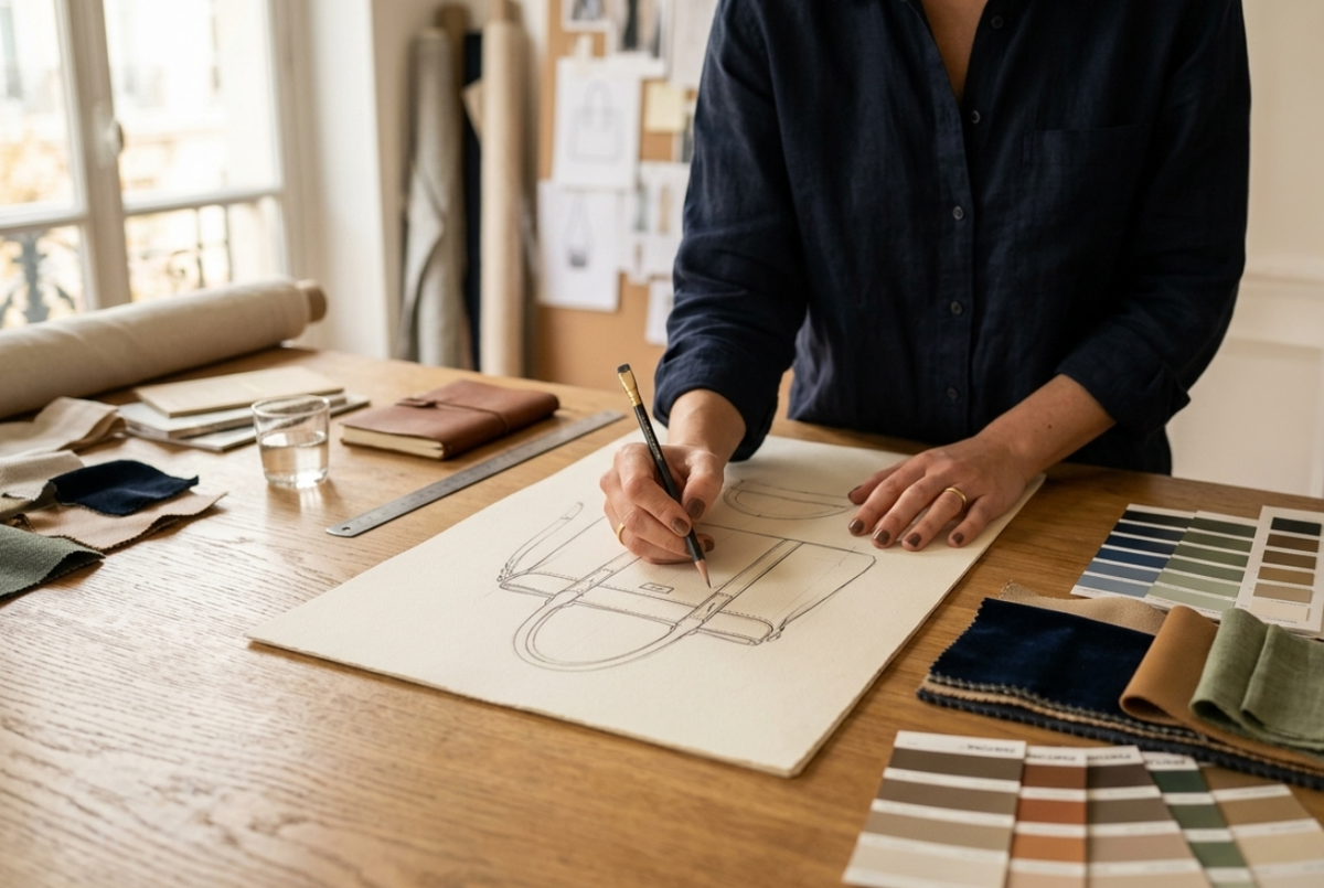 Designer sketching handbag design with color swatches and fabric samples on wooden table
