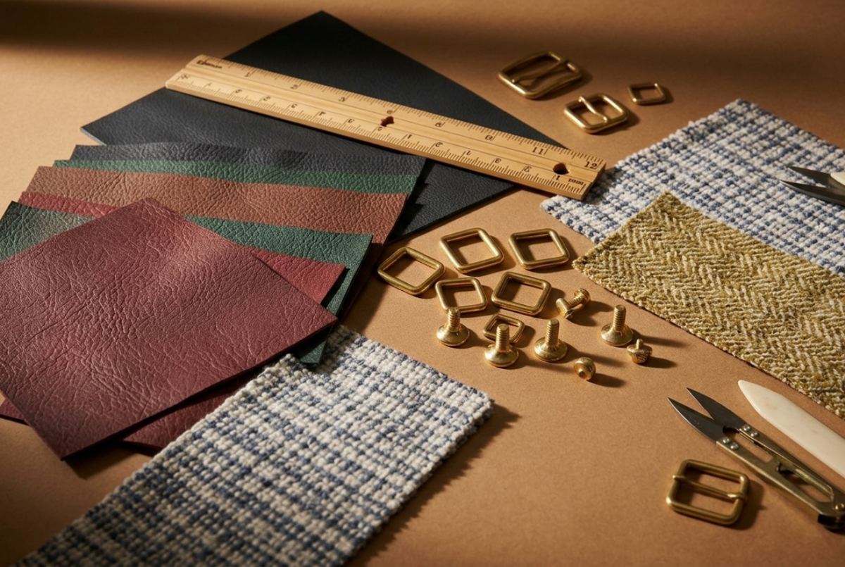 Premium leather swatches, brass hardware, and fabric samples arranged on table with color ruler