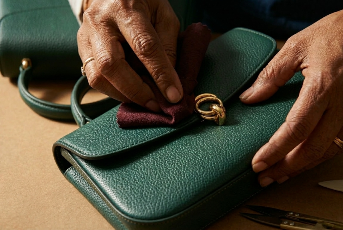 Artisan inspecting handbag edge finishing and brass hardware with polishing cloth