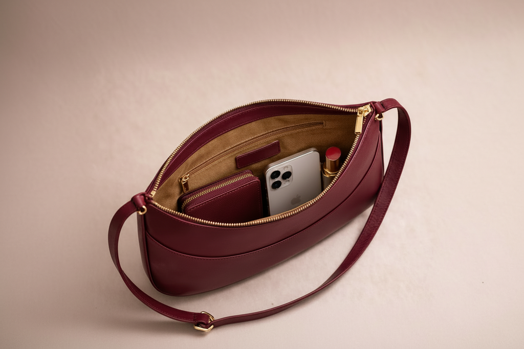 Maroon handbag with gold zipper containing a phone, wallet, and lipstick on a beige background