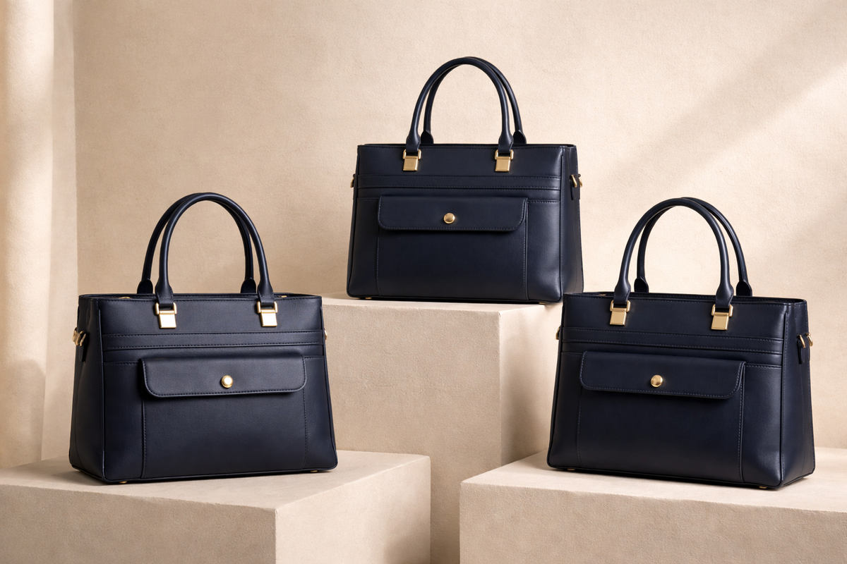 Artisans sewing handbag by machine and hand at clean bench with brass hardware and tools