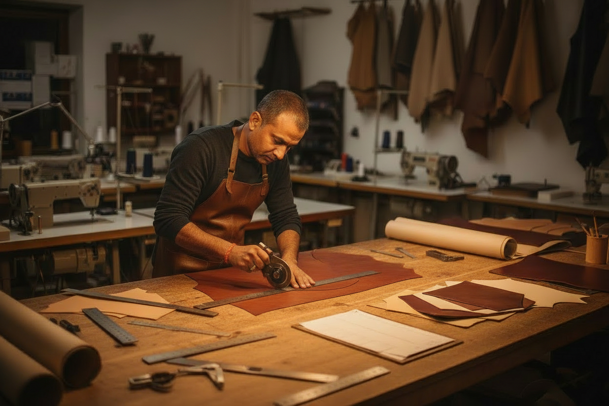 Pattern cutter cutting leather panels on workshop bench with measuring tools and paper patterns